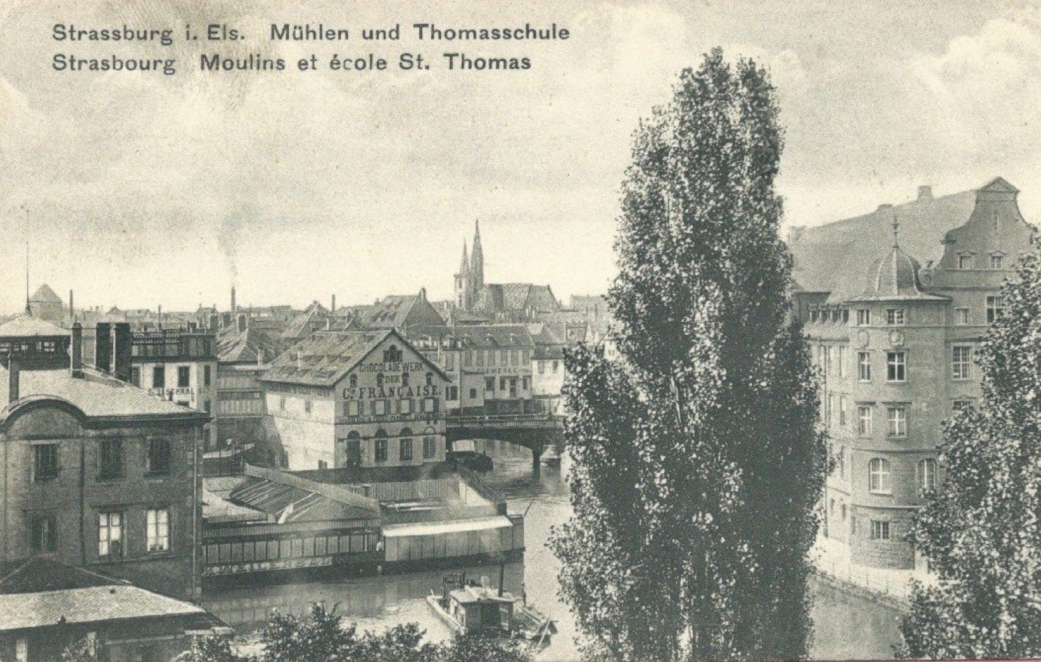 Carte postale ancienne « Strasbourg, Moulins et école St. Thomas » : les bâtiments des moulins au bord de l'eau, la flèche de la cathédrale au fond