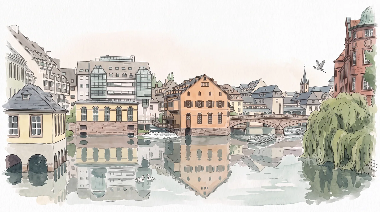 Aquarelle de la Petite France vue du pont : au centre le Moulin aux Épices, ocre, les pieds dans l'Ill ; à gauche le pavillon sur arcades et le bâtiment aux baies cintrées ; à droite le pont de pierre, les bateaux-promenade, les maisons et le clocher, et un grand saule pleureur